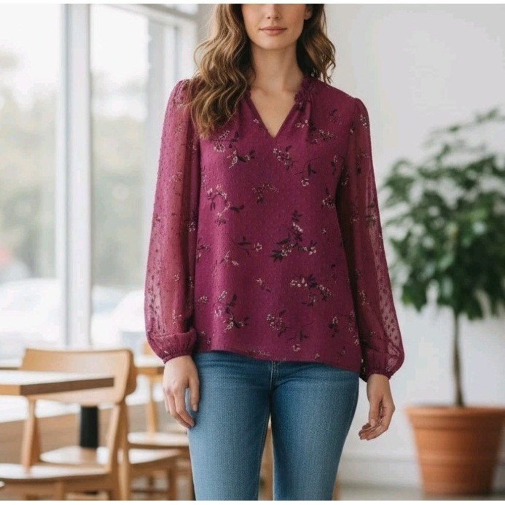 Hilary Radley Womens Blouse Size XXL NWOT Burgundy Floral Boho Business Cocktail